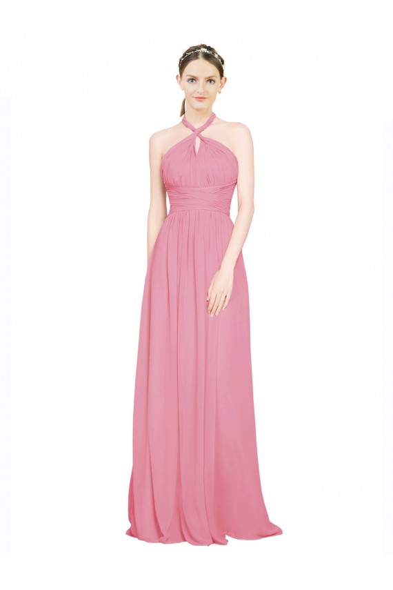 Magasins de Peau Rose Trapèze Licou Col V Mousseline Longue Robes demoiselle d'honneur