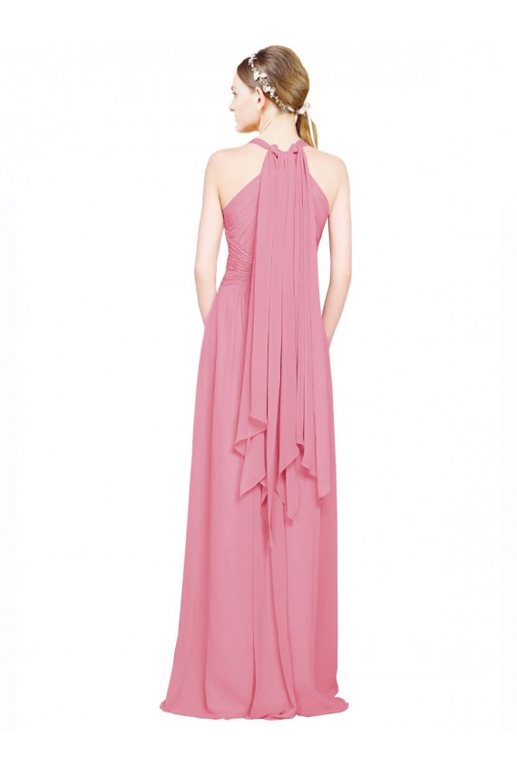Magasins de Peau Rose Trapèze Licou Col V Mousseline Longue Robes demoiselle d'honneur