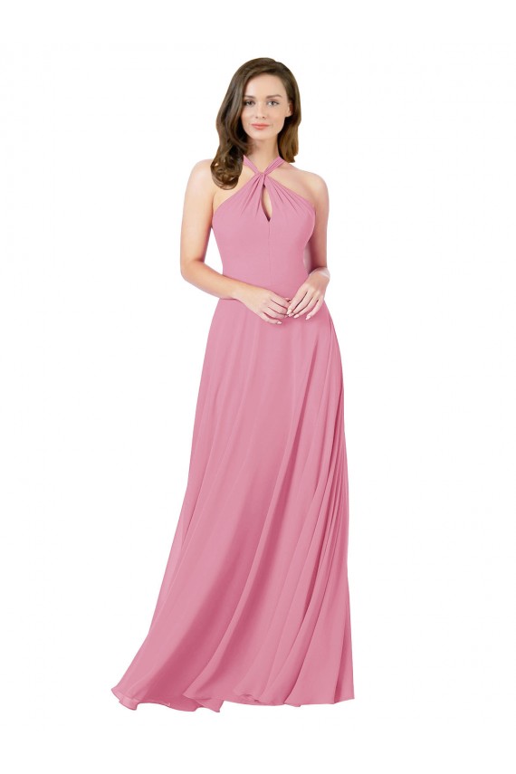 Magasins de Peau Rose Trapèze Licou Mousseline Longue Robes demoiselle d'honneur / Robes de bal