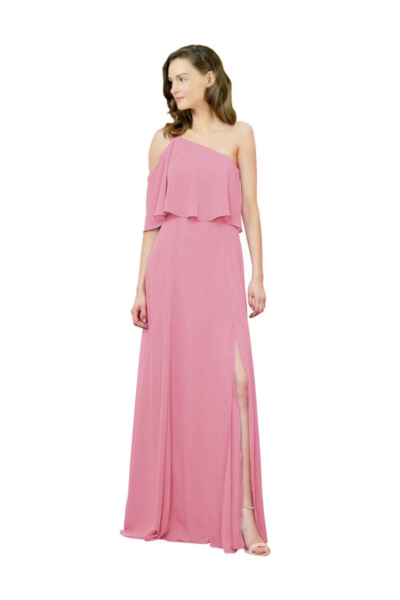 Magasins de Peau Rose Trapèze Mousseline Longue Robes demoiselle d'honneur