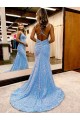 Magasins de Periwinkle Fourreau Col V Balayage train Paillettes Velours Longue Robes de bal