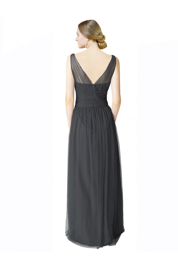 Magasins de Pewter Trapèze Col V Tulle Longue Robes demoiselle d'honneur