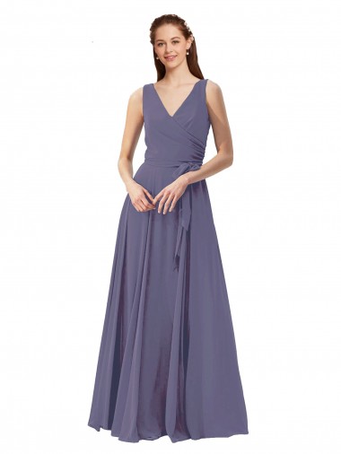Magasins de Pierre d'argent Trapèze Col V Mousseline Longue Robes demoiselle d'honneur
