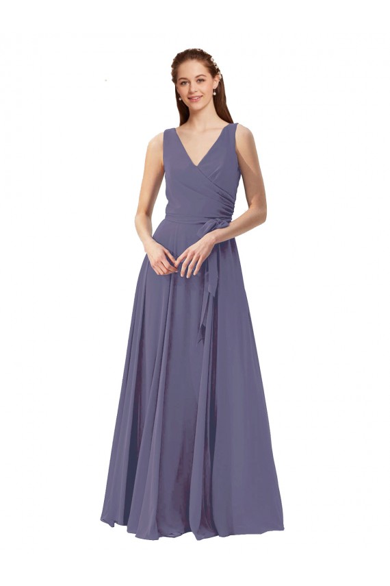 Magasins de Pierre d'argent Trapèze Col V Mousseline Longue Robes demoiselle d'honneur