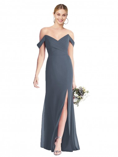 Magasins de Pierre d'argent Trompette Épaule Dénudée Mousseline Longue Robes demoiselle d'honneur