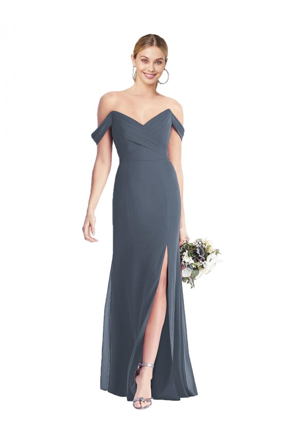 Magasins de Pierre d'argent Trompette Épaule Dénudée Mousseline Longue Robes demoiselle d'honneur