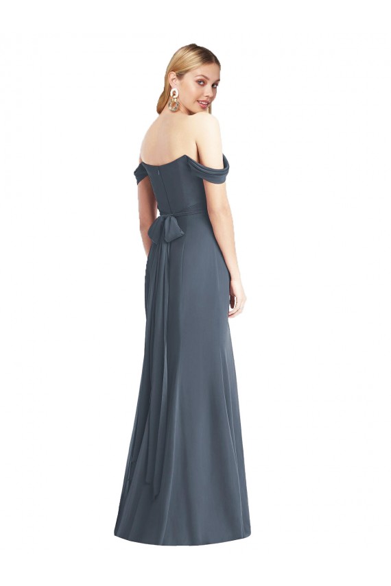 Magasins de Pierre d'argent Trompette Épaule Dénudée Mousseline Longue Robes demoiselle d'honneur