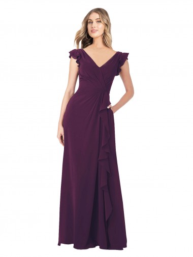 Magasins de Pourpre Trapèze Col V Mousseline Longue Robes demoiselle d'honneur