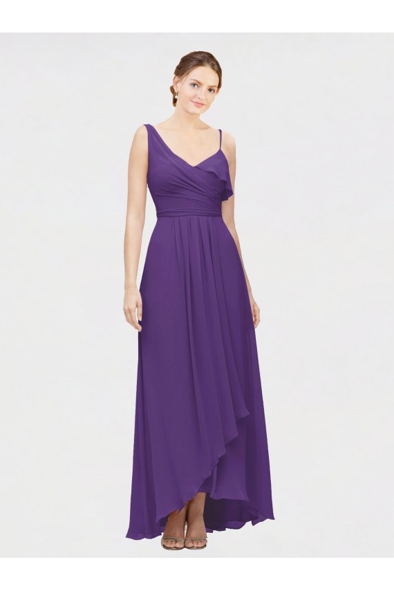 Magasins de Prune Trapèze Col V Mousseline Longue Asymétrique Robes demoiselle d'honneur