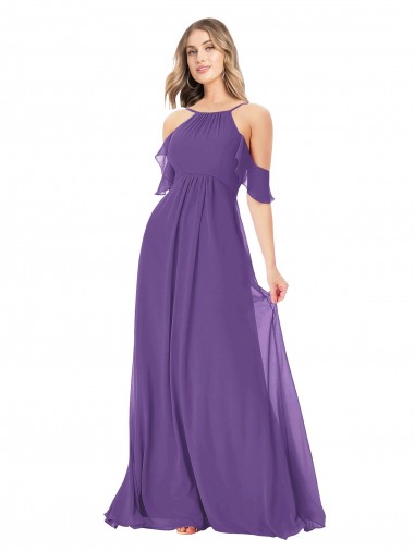 Magasins de Prune Trapèze Épaule Dénudée Col Haut Mousseline Longue Robes demoiselle d'honneur