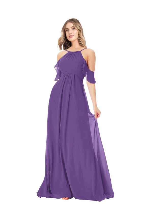 Magasins de Prune Trapèze Épaule Dénudée Col Haut Mousseline Longue Robes demoiselle d'honneur