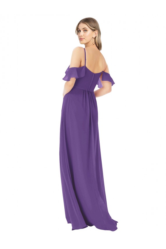 Magasins de Prune Trapèze Épaule Dénudée Col Haut Mousseline Longue Robes demoiselle d'honneur