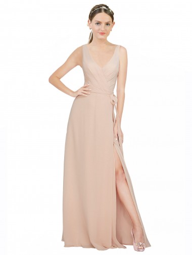 Magasins de Rose 114 Trapèze Col V Mousseline Longue Robes demoiselle d'honneur