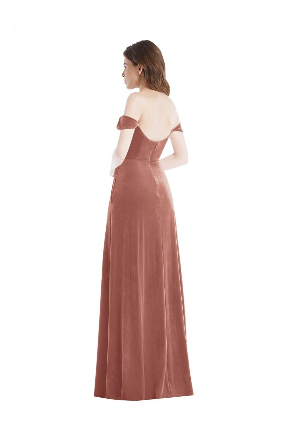 Magasins de Rose Cannelle Trapèze Épaule Dénudée Velours Stretch Longue Robes demoiselle d'honneur / Robes de bal