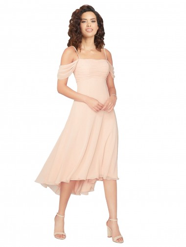 Magasins de Rose Glacé Trapèze Col Carré midi Mousseline Courte Asymétrique Robes demoiselle d'honneur