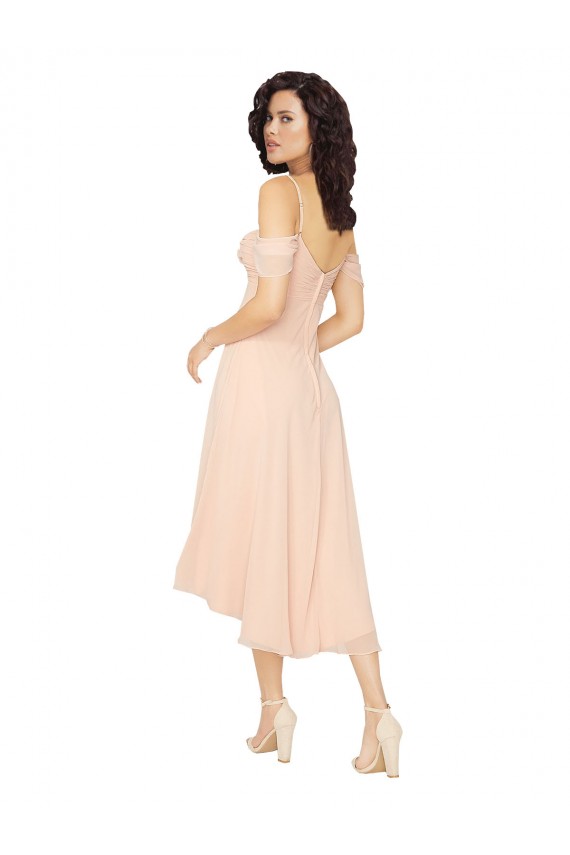Magasins de Rose Glacé Trapèze Col Carré midi Mousseline Courte Asymétrique Robes demoiselle d'honneur