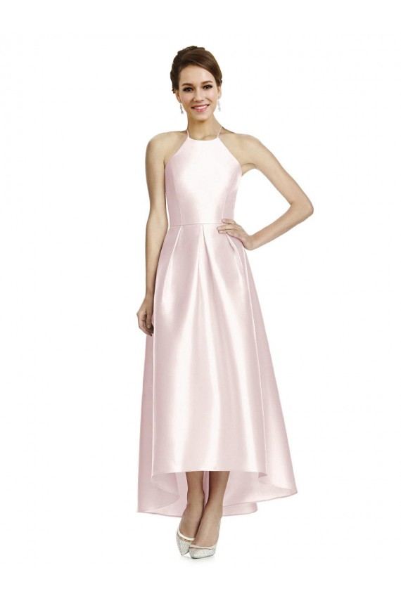 Magasins de Rose Trapèze Bretelles spaghetti Satiné Longue Asymétrique Robes demoiselle d'honneur