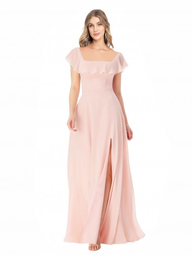Magasins de Rose Trapèze Col Carré Mousseline Longue Robes demoiselle d'honneur