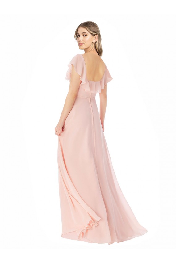 Magasins de Rose Trapèze Col Carré Mousseline Longue Robes demoiselle d'honneur