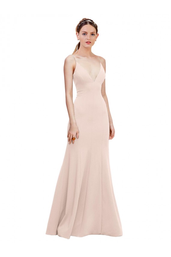 Magasins de Rose Trapèze Col V Crêpe Stretch Longue Formelles Robes demoiselle d'honneur / Robes de soirée / Robes de bal