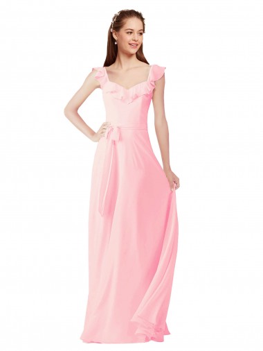 Magasins de Rose Trapèze Col V Mousseline Longue Robes demoiselle d'honneur