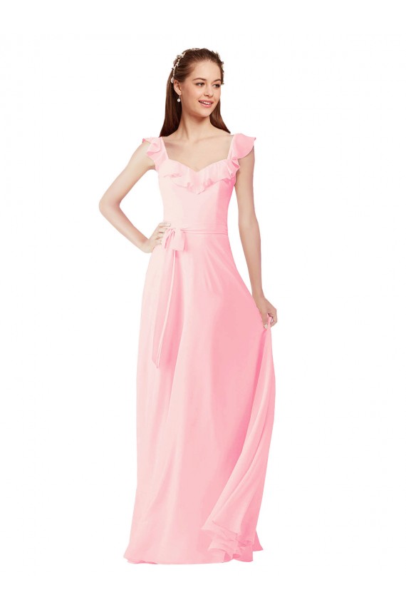 Magasins de Rose Trapèze Col V Mousseline Longue Robes demoiselle d'honneur