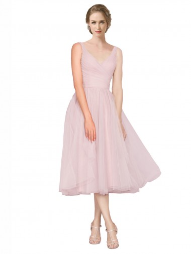 Magasins de Rose Trapèze Col V Tulle Courte Robes demoiselle d'honneur / Robes de cocktail