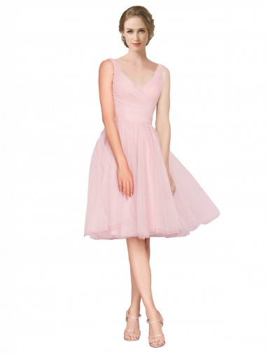 Magasins de Rose Trapèze Col V Tulle Courte Robes demoiselle d'honneur / Robes de cocktail