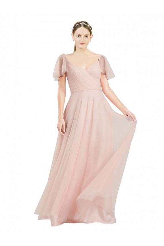 Magasins de Rose Trapèze Col V Tulle Longue Robes demoiselle d'honneur