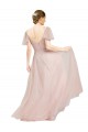 Magasins de Rose Trapèze Col V Tulle Longue Robes demoiselle d'honneur