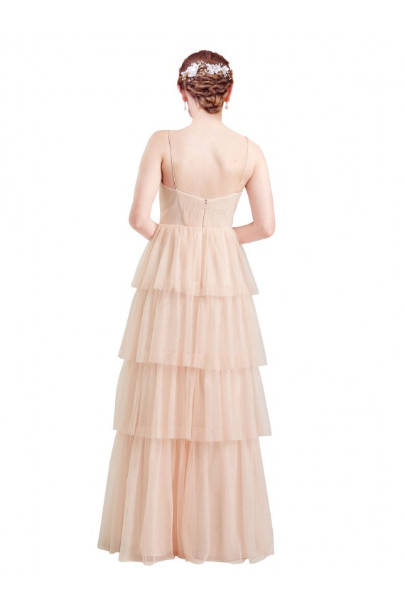 Magasins de Rose Trapèze Col V Tulle Longue Robes demoiselle d'honneur