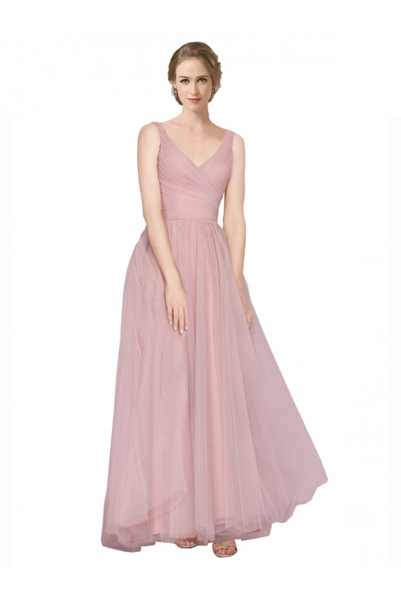 Magasins de Rose Trapèze Col V Tulle Longue Robes demoiselle d'honneur