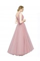Magasins de Rose Trapèze Col V Tulle Longue Robes demoiselle d'honneur