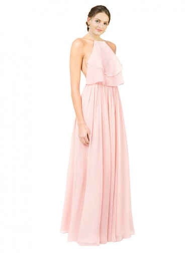 Magasins de Rose Trapèze Licou Mousseline Longue Robes demoiselle d'honneur