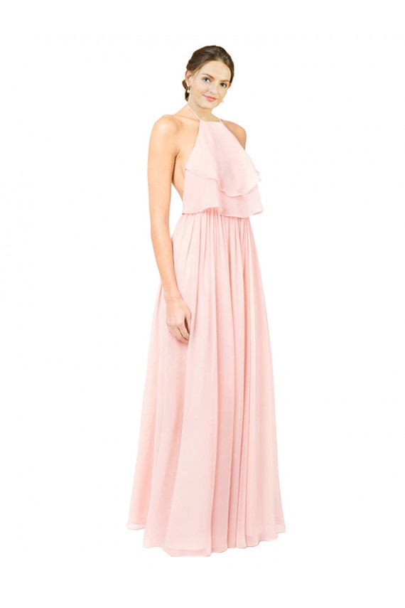 Magasins de Rose Trapèze Licou Mousseline Longue Robes demoiselle d'honneur