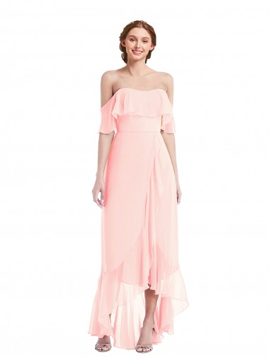 Magasins de Rose Trapèze Épaule Dénudée Mousseline Longue Asymétrique Robes demoiselle d'honneur
