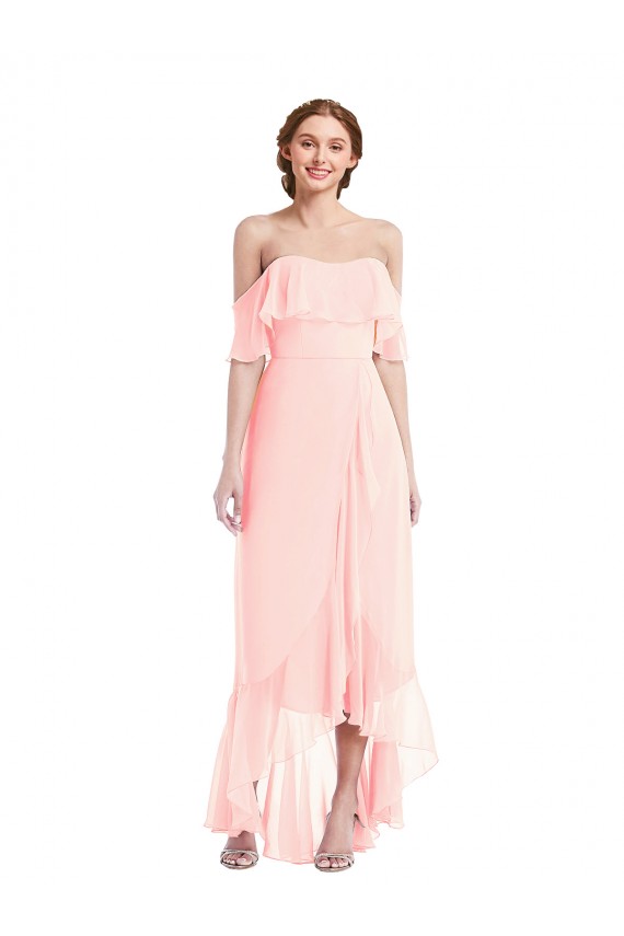 Magasins de Rose Trapèze Épaule Dénudée Mousseline Longue Asymétrique Robes demoiselle d'honneur