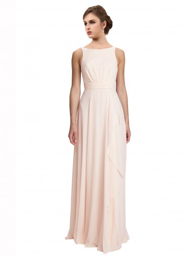 Magasins de Rose crème Trapèze Bateau Col Haut Mousseline Longue Robes demoiselle d'honneur
