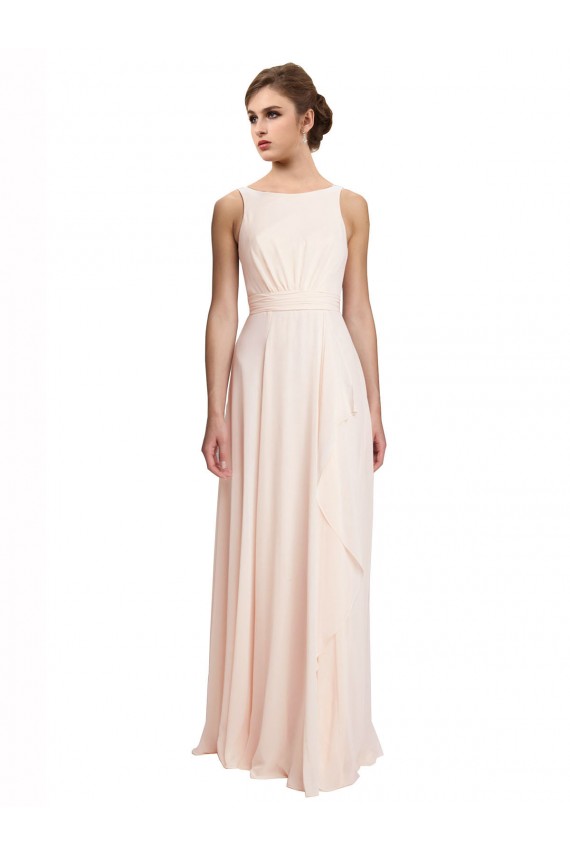 Magasins de Rose crème Trapèze Bateau Col Haut Mousseline Longue Robes demoiselle d'honneur
