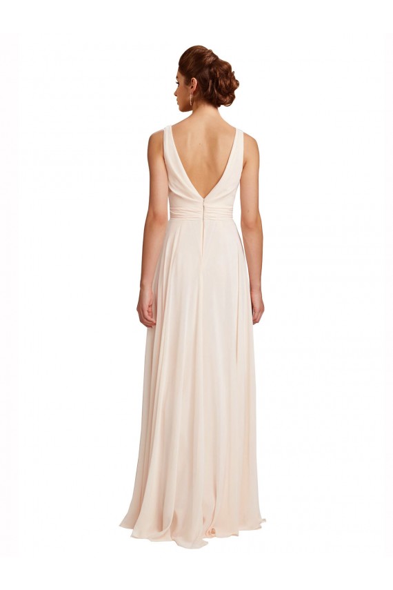 Magasins de Rose crème Trapèze Bateau Col Haut Mousseline Longue Robes demoiselle d'honneur