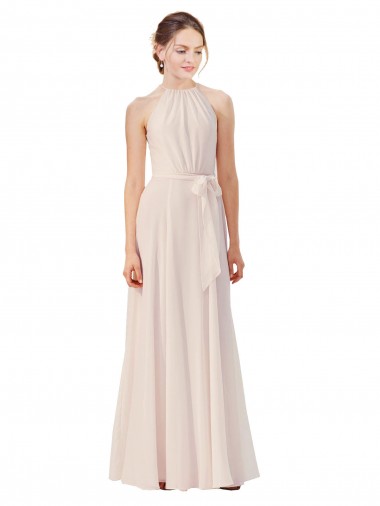 Magasins de Rose crème Trapèze Bateau Col Haut Mousseline Longue Robes demoiselle d'honneur