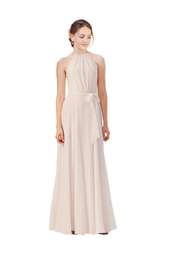 Magasins de Rose crème Trapèze Bateau Col Haut Mousseline Longue Robes demoiselle d'honneur