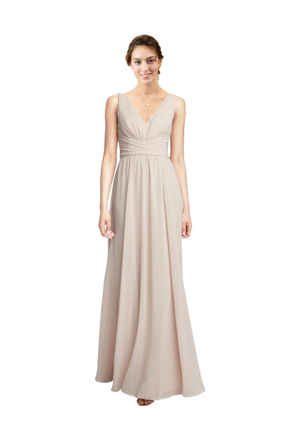 Magasins de Rose crème Trapèze Col V Mousseline Longue Robes demoiselle d'honneur