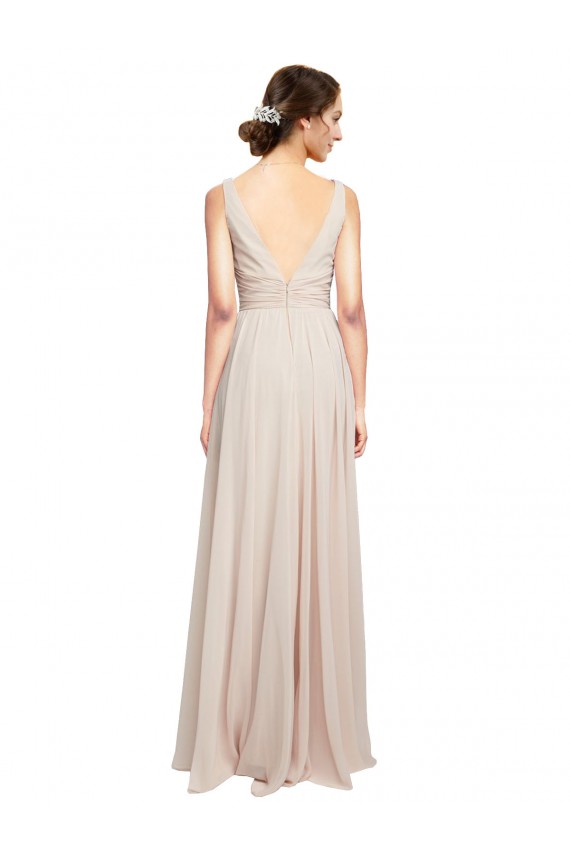 Magasins de Rose crème Trapèze Col V Mousseline Longue Robes demoiselle d'honneur
