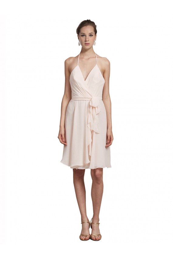 Magasins de Rose crème Trapèze Licou Col V Mousseline Courte Robes demoiselle d'honneur / Robes de cocktail