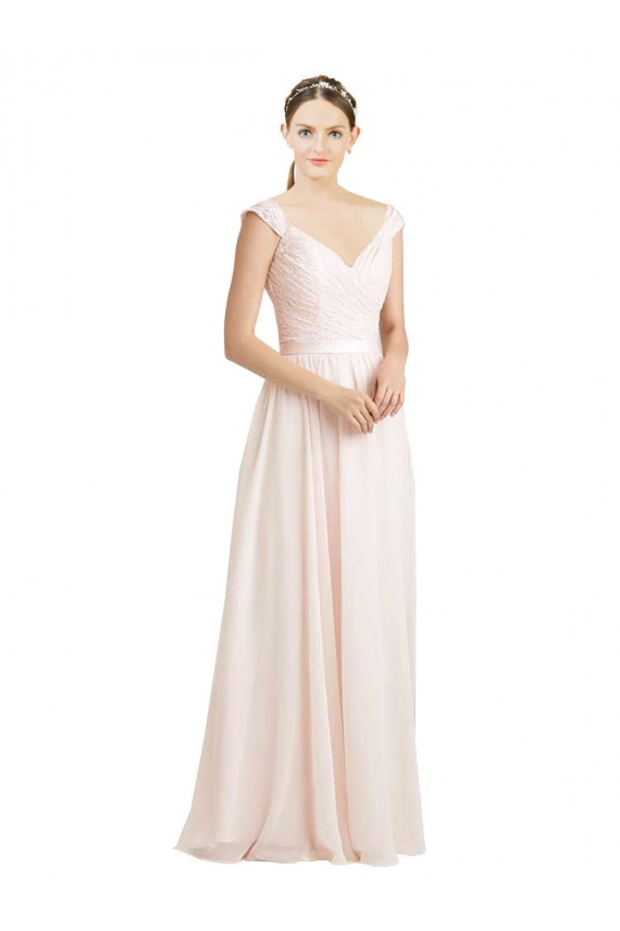 Magasins de Rose crème Trapèze Mousseline Dentelle Longue Robes demoiselle d'honneur