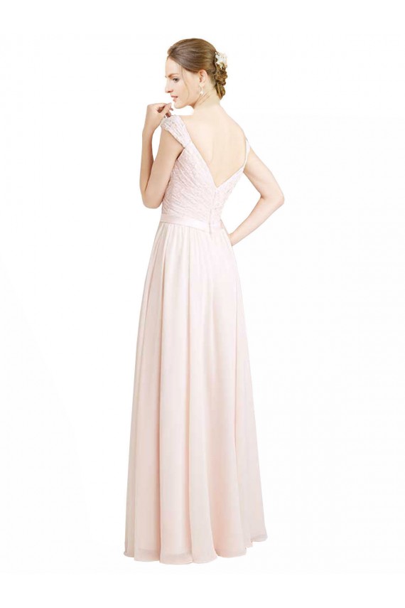 Magasins de Rose crème Trapèze Mousseline Dentelle Longue Robes demoiselle d'honneur