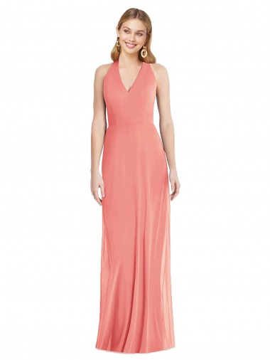 Magasins de Rose du Désert Trompette Licou Col V Mousseline Longue Formelles Robes demoiselle d'honneur / Robes de soirée