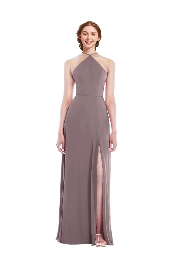 Magasins de Rose poudré Trapèze Licou Mousseline Longue Formelles Robes demoiselle d'honneur / Robes de soirée