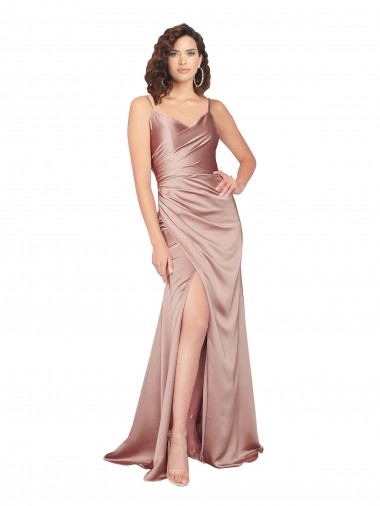 Magasins de Rose poussiéreux Fourreau Col V Satiné Soyeux Longue Formelles Robes demoiselle d'honneur / Robes de soirée / Robes de bal
